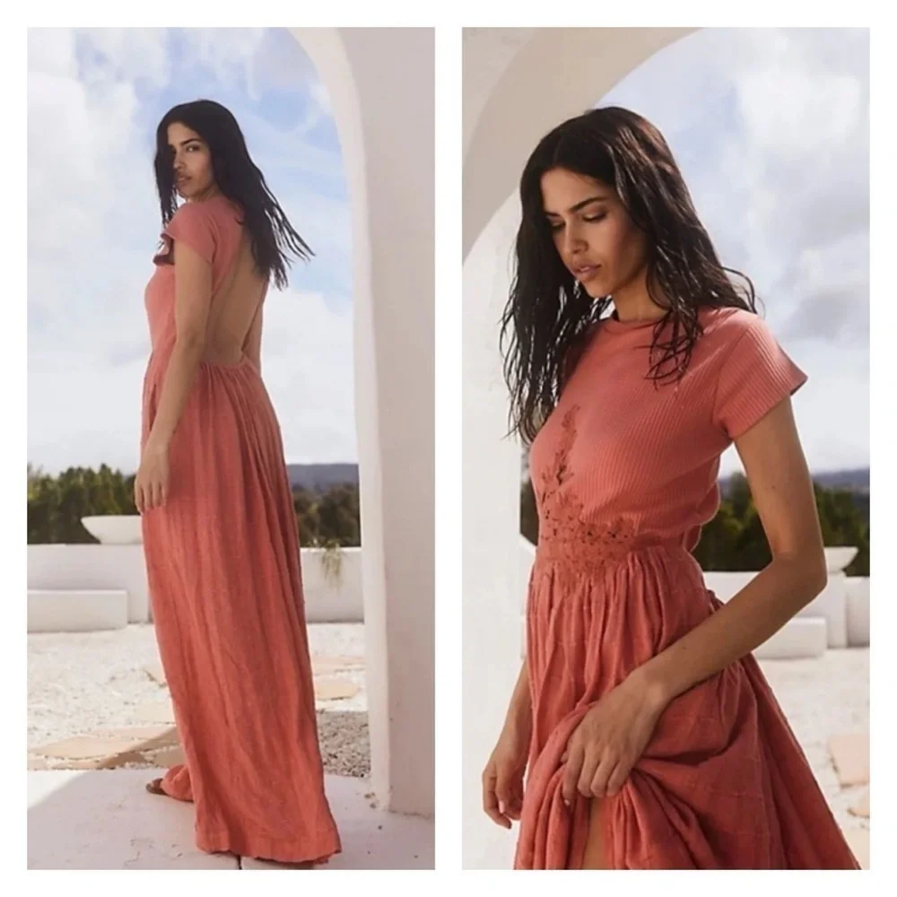 NWT Free People x Revolve Coral Open Back Short Sleeve High Slit Maxi Dress M - Picture 5 of 10